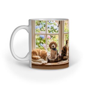 Cozy Pets Window Scene Wall Art, Cats and Dogs Home Decor Print, Soft Cottagecore Animal Illustration