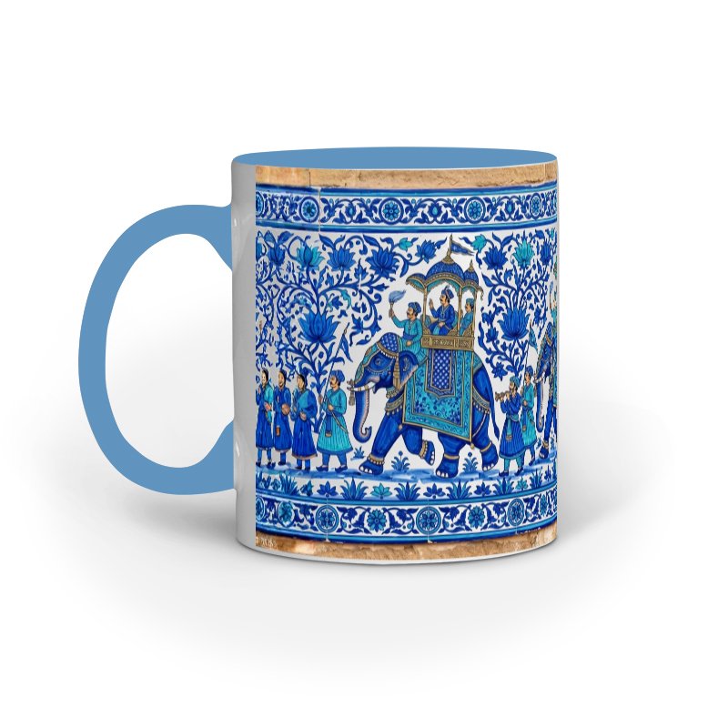Jaipur Blue Pottery Style Elephant Procession Mug | Heritage Indian Art - Image 2