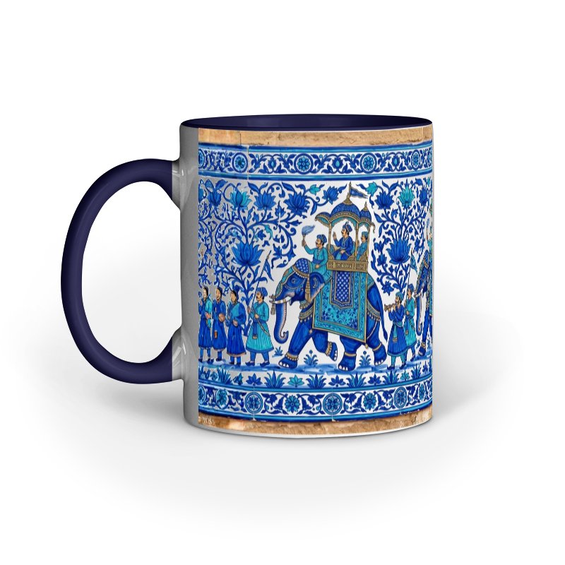 Jaipur Blue Pottery Style Elephant Procession Mug | Heritage Indian Art - Image 3